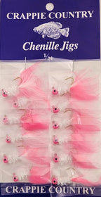 Card of Crappie Country chenille jigs in pink and white, 1/24 oz