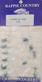 Card of Crappie Country chenille jigs in blue and white, 1/24 oz