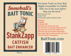 StankZapp label showing directions and warnings, with the Snowball's Bait Tonic rocking chair logo
