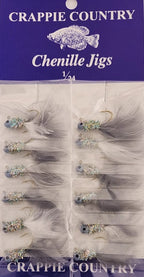 Card of Crappie Country chenille jigs in white, 1/24 oz