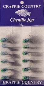 Card of Crappie Country chenille jigs in white with green and teal, 1/24 oz