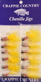 Card of Crappie Country chenille jigs in yellow with red heads, 1/24 oz