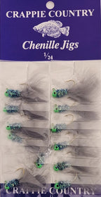 Card of Crappie Country chenille jigs in white with green heads, 1/24 oz