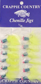 Card of Crappie Country chenille jigs in chartreuse and blue, 1/24 oz
