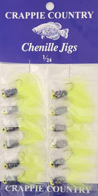 Card of Crappie Country chenille jigs in chartreuse, 1/24 oz