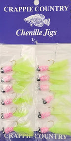Card of Crappie Country chenille jigs in chartreuse and pink, 1/24 oz