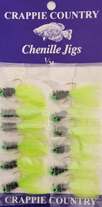 Card of Crappie Country chenille jigs in chartreuse and black, 1/24 oz