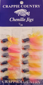 Card of Crappie Country chenille jigs in orange, pink and yellow, 1/24 oz