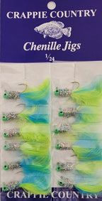Card of Crappie Country chenille jigs in chartreuse and blue, 1/24 oz