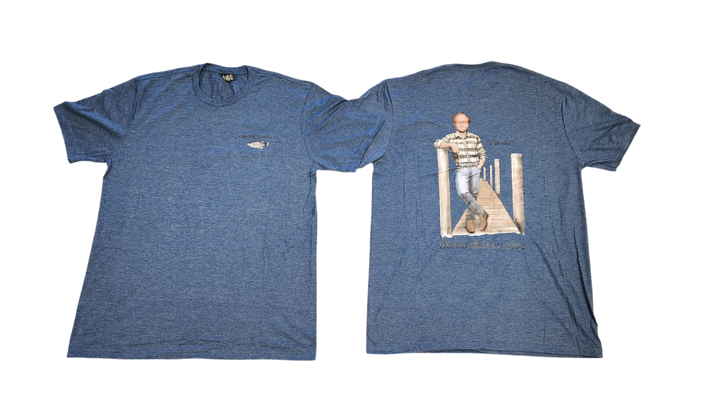 Front and back of the heather blue Crappie Country T-Model t-shirt, with the dock scene printed on the back