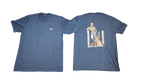 Front and back of the heather blue Crappie Country T-Model t-shirt, with the dock scene printed on the back