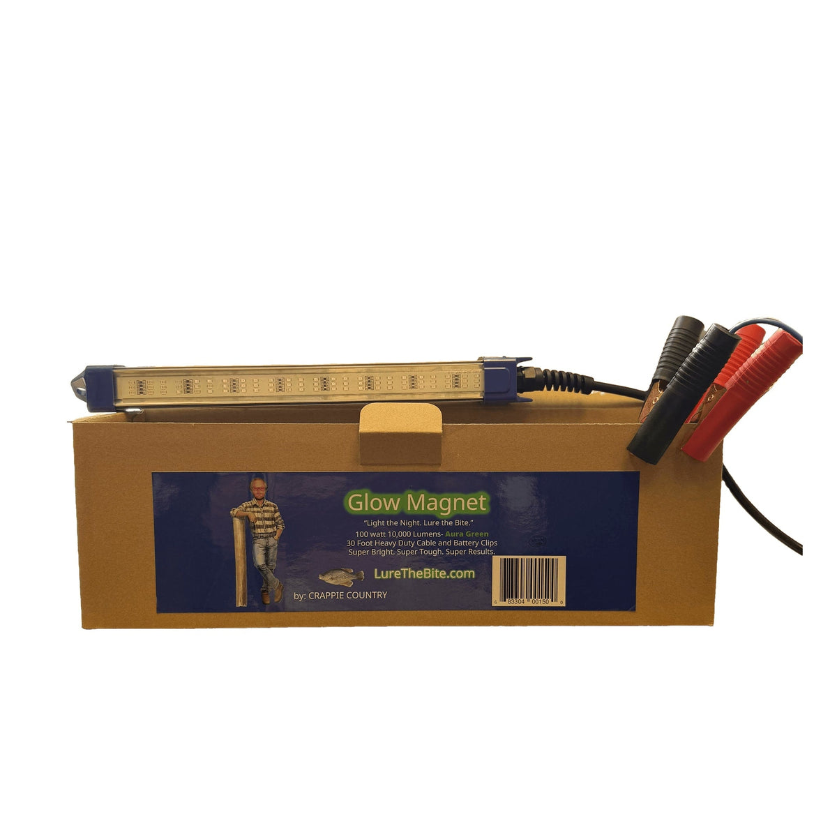 Crappie Country Glow Magnet LED light with its box, heavy-duty 30-foot cord and battery clips