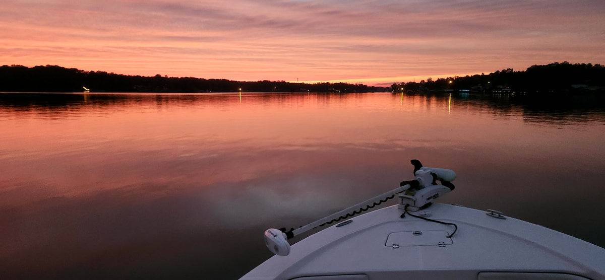 Sunset over Lake Greenwood from the bow of a fishing boat