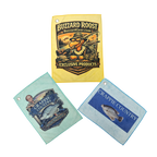 Three folded microfiber fishing towels printed with the Buzzard Roost, Katfish Country and Crappie Country logos